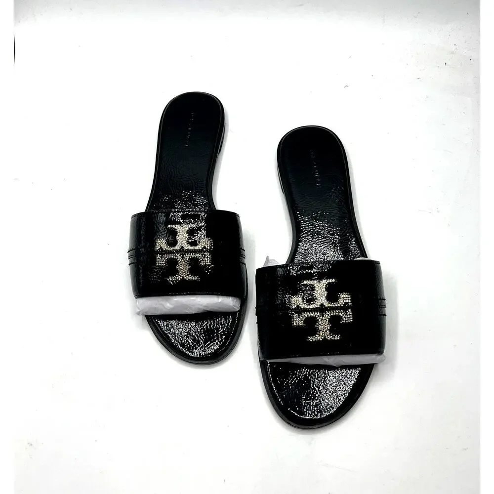Tory Burch Everly Slide Softy Naplak Cow Perfect Black/Crystal Size 9 NEW